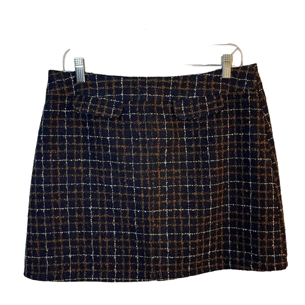 Old Navy Plaid Tweed Preppy Core Mini Skirt Vintage Navy Blue with Brown Size 12